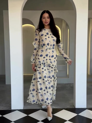 Woochic robe à manches longues col en rond imprimée florale dentelle bleu S